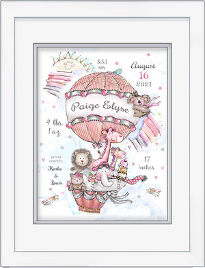 Personalized Baby Girl  art hot air balloon pink animals rainbow 