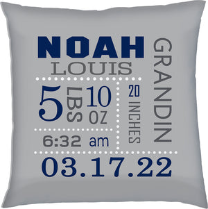 Birth Announcement Pillow- Baby Boy Birth Stats - Grey Pillow with Navy & Grey