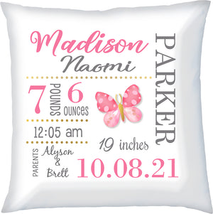 Birth Announcement Pillow- Pink & Gold Butterfly by Ronnies Design Studio