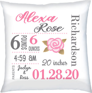 Personalized Birth Announcement Pillow Pink Rose
