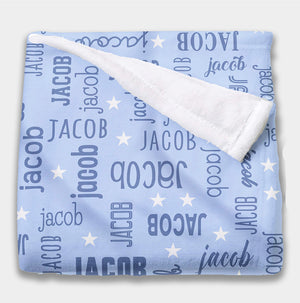 "All Names" Minky Baby Blanket with Stars- Light Blue with Soft Blue Names