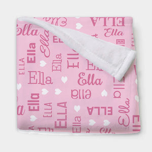 "All Names" Minky Baby Blanket with Hearts- Soft Pink with Pink Names