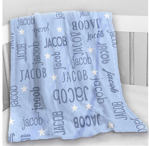 "All Names" Minky Baby Blanket with Stars- Light Blue with Soft Blue Names