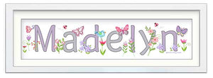Butterfly Garden Name Frame Wall Art White with Lilac and Grey