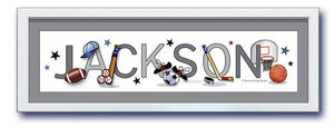 Sports Equipment Nursery Name Frame- Matted in Grey - Framed in White