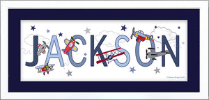 Personalized Vintage Airplanes Name Art for boy nursery clouds and stars
