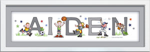 sports players name art cute football, basketball, baseball soccer grey boy wall art