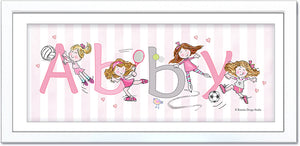 girls at sports name art personalized soccer velloeyball tennis ice skating pink