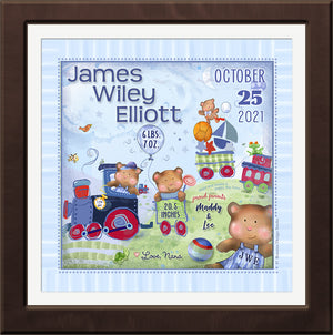 baby bears personalized birth art with train and toys personalized