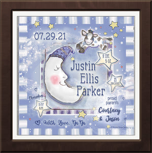 cow jumped over the moon birth art custom to order  blue grey pastels baby boy
