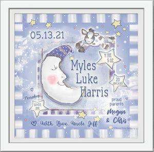 cow jumped over the moon birth art personalized  blue grey pastels baby boy