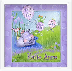 Baby Hippo Personalized Birth Art green environment frogs bird turtle