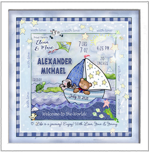 Personalized Sailboat and baby bear birth wall art with puppy kite