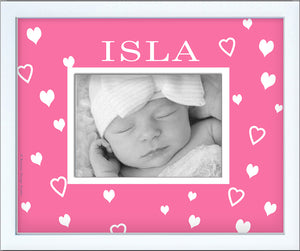 Personalized baby girl picture frame floating harts pink personalized with name and date of birth