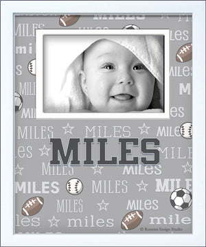Newborn baby name picture frame with footbals, baseballs, soccer balls grey nursery