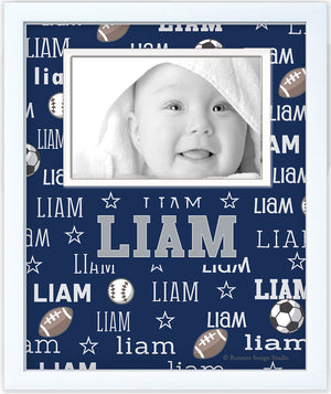 Baby Name Picture Frame with footballs, baseballs, soccer balls personalized to order
